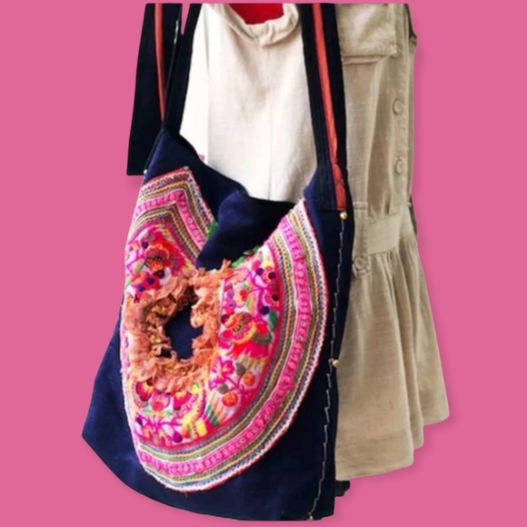 Hand Crafted Hmong Tribal Thai Vintage Ethnic Textile Slouchy Tote Handbag - Picture 2 of 11